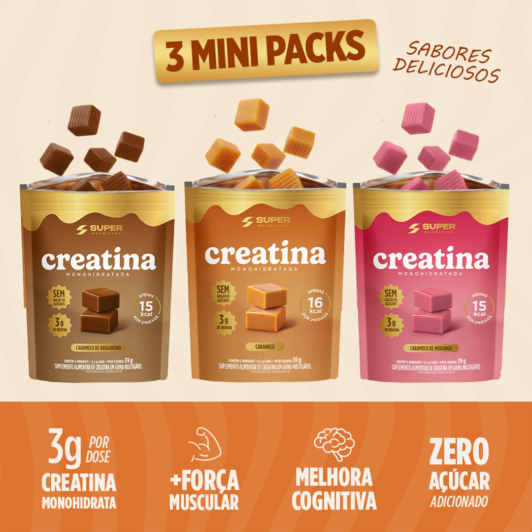 Caramelos de Creatina | Combo 3 Mini Packs (Caramelo, Brigadeiro e Morango)