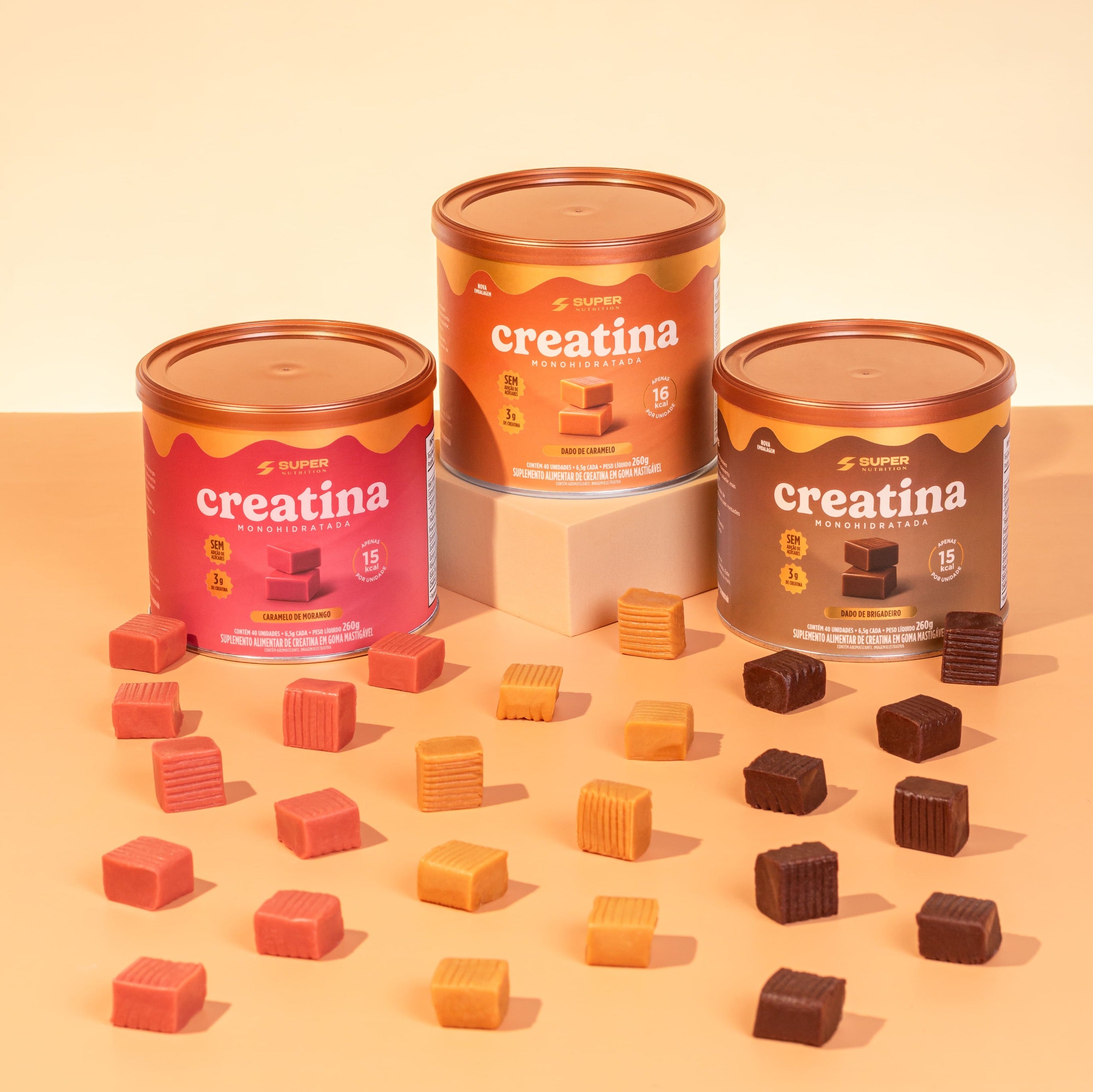 Caramelos de Creatina | Combo 3 Latas (Caramelo, Brigadeiro e Morango)